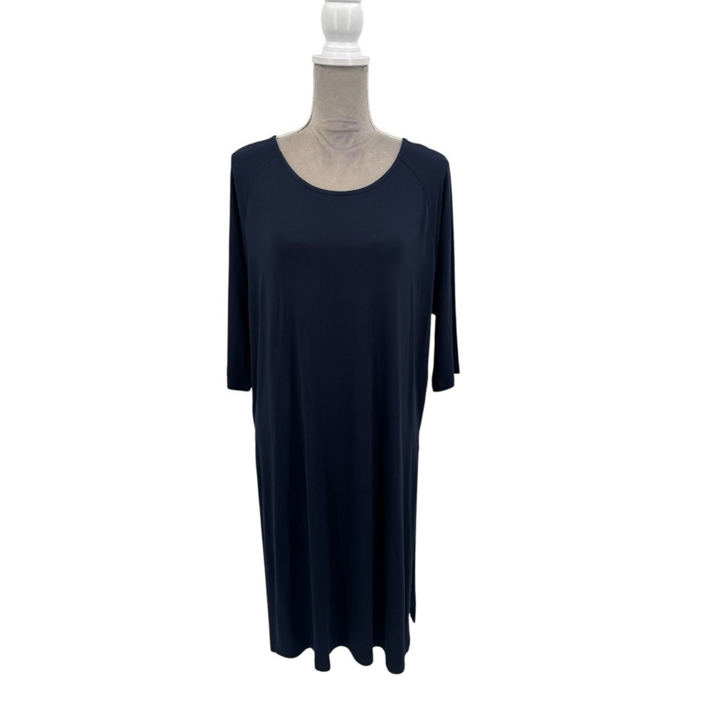 Alembika Long Tunic Top Navy Size 2 US 8-10 A-Line 3/4 Sleeve Minimalist Stretch - Picture 2 of 7
